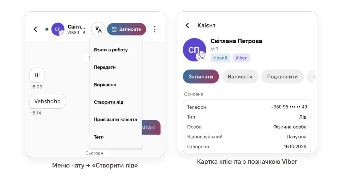Меню чату з пунктом «Створити лід» і картка клієнта з позначкою Viber
